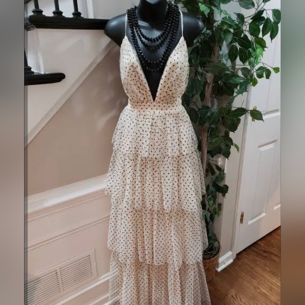 White Polka Dot Tiered Maxi Dress with Plunge Neck - Picture 9 of 9